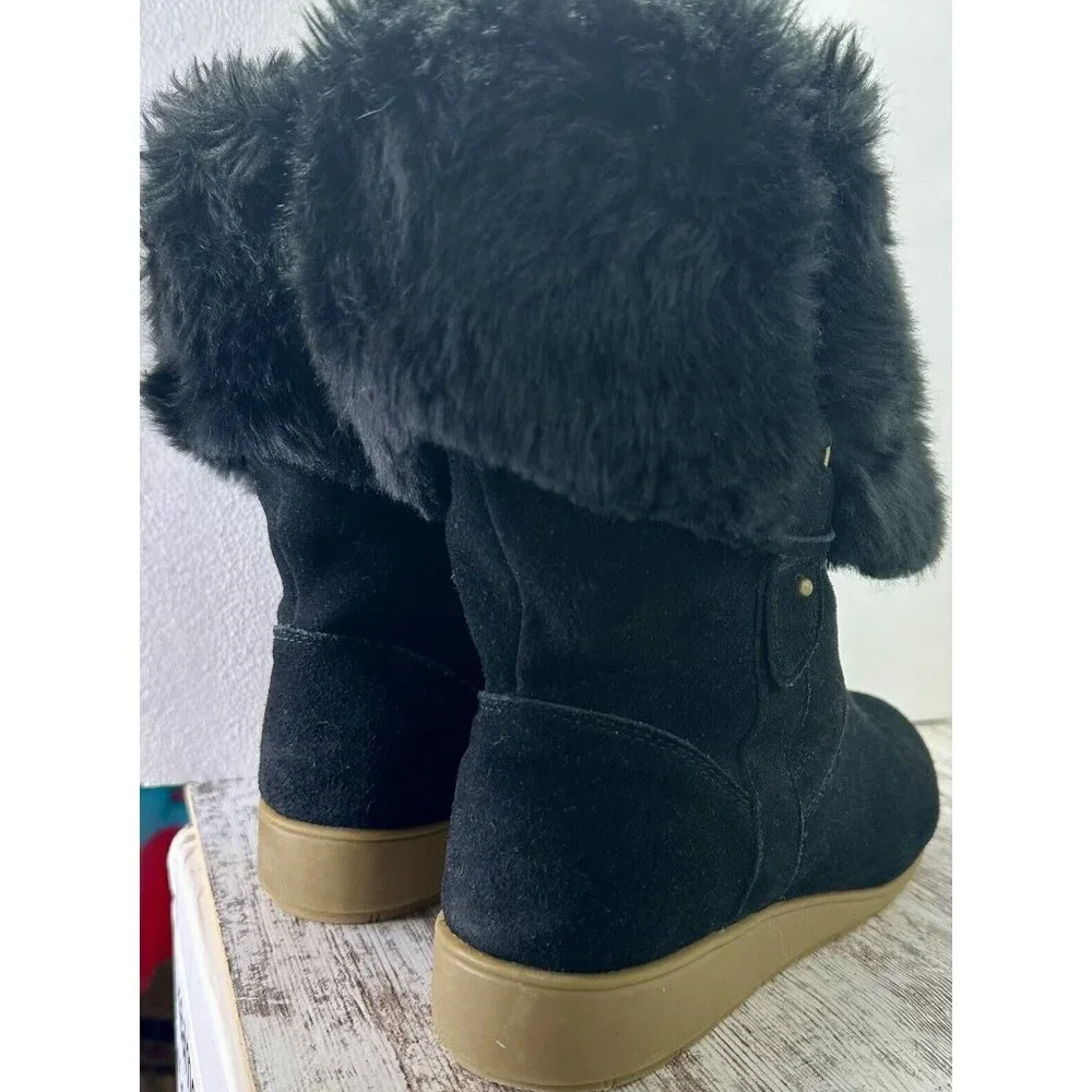 LANDS' END Mendota Snow Boot Women's Size 7.5 Black Suede Faux Fur PullOn 420483